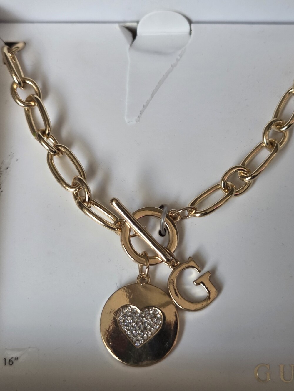 Guess Gold-Tone Chain Necklace with Crystal Heart Disc and G Charm